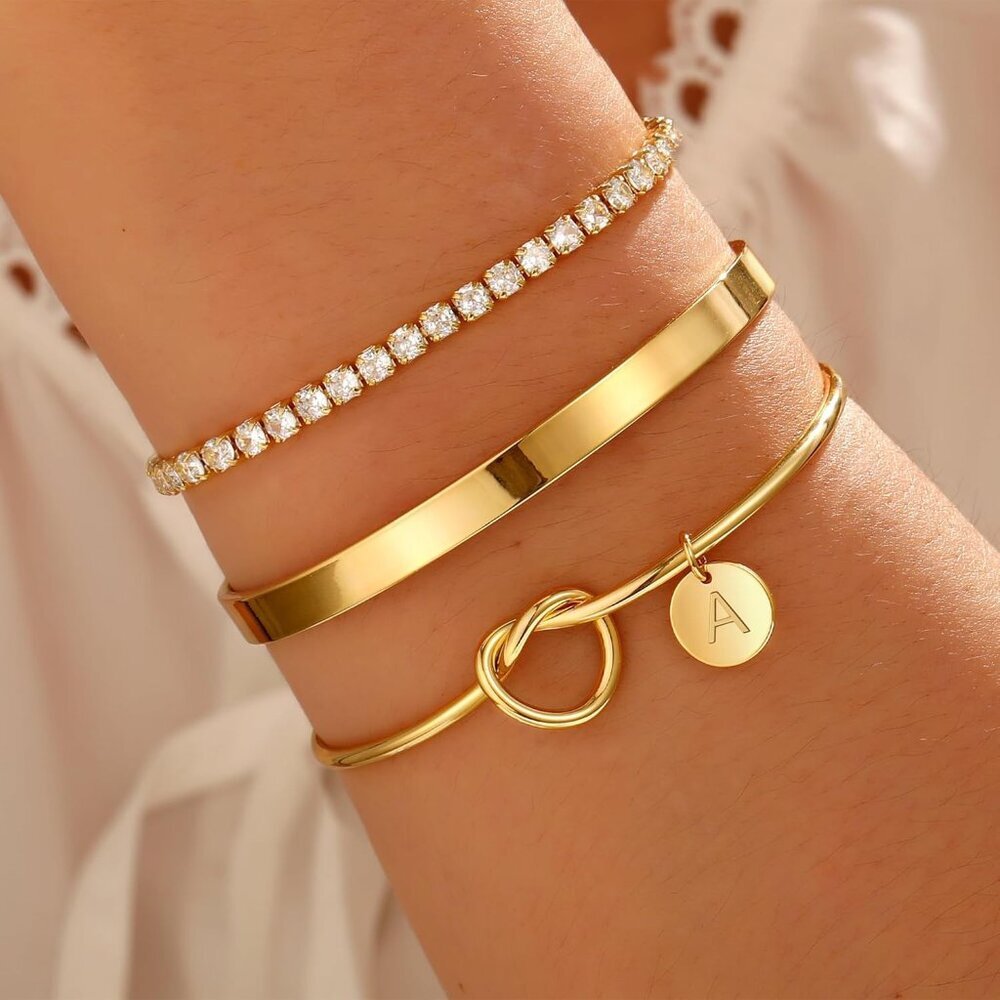 Personalized Gold Initial Bangles - Adjustable Te… - image 2